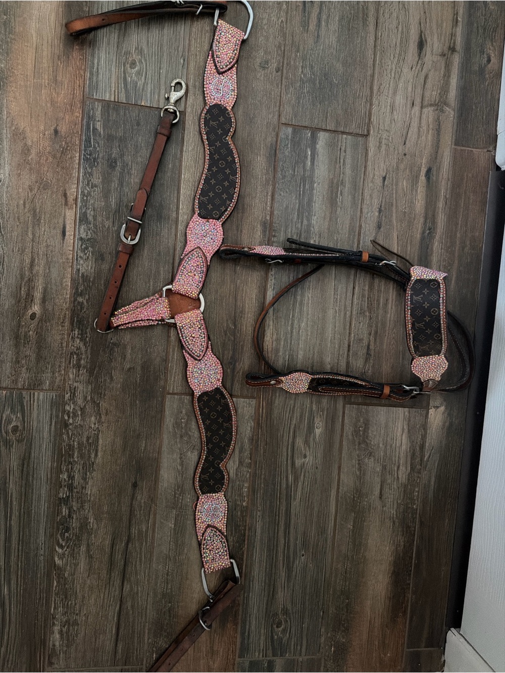 Louis Vuitton Brown Monogram and Pink Crystal Embellished Bridle Set